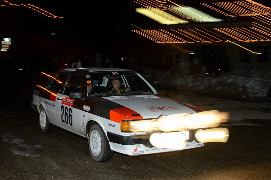 Toni Hansen og Per Brodersen kører deres Audi 80 GLE op over det 1610 meter høje Col de Turini på sidste nat i i Rallye Monte-Carlo Historique på vej mod en slutplacering asom nr. 19.